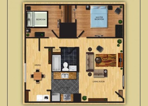 Two Bedroom One Bathroom floor plan at San Simeon Apartments in Tucson AZ